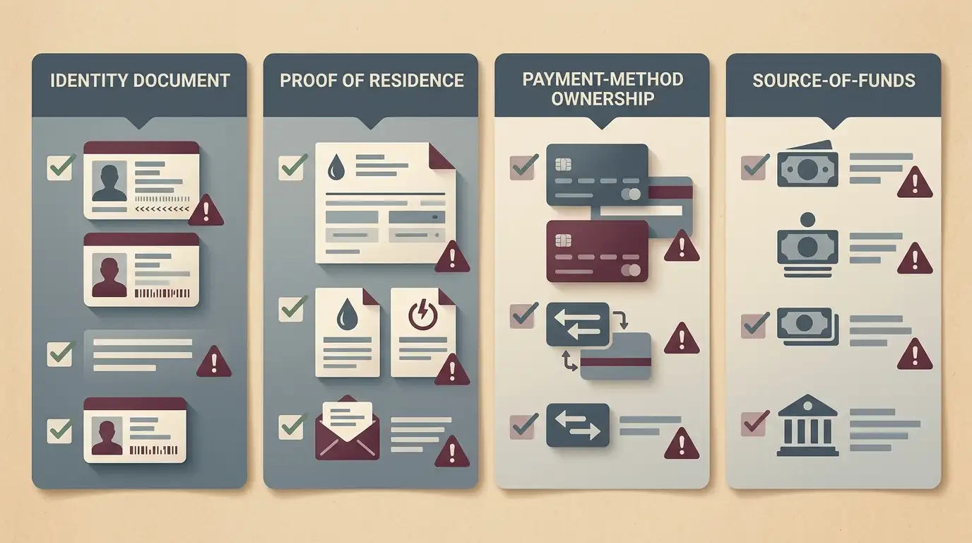 Generated editorial illustration: KYC verification checklist visual with identity, address, payment ownership, and source-of-funds categories, labelled as exact-details-to-recheck.