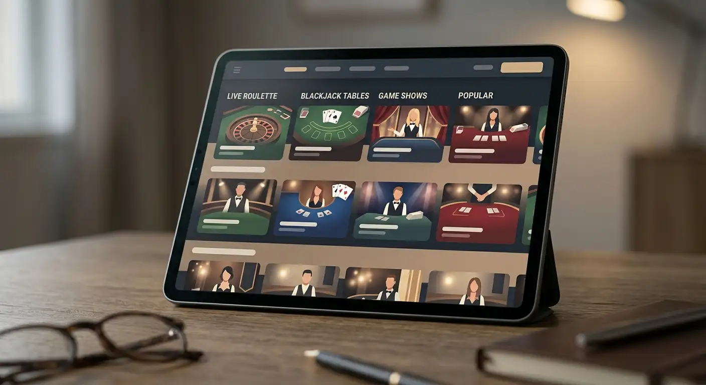 Generated editorial illustration: Abstract live casino lobby illustration with dealer tables, game categories, and provider-style tiles, without real logos or play buttons.