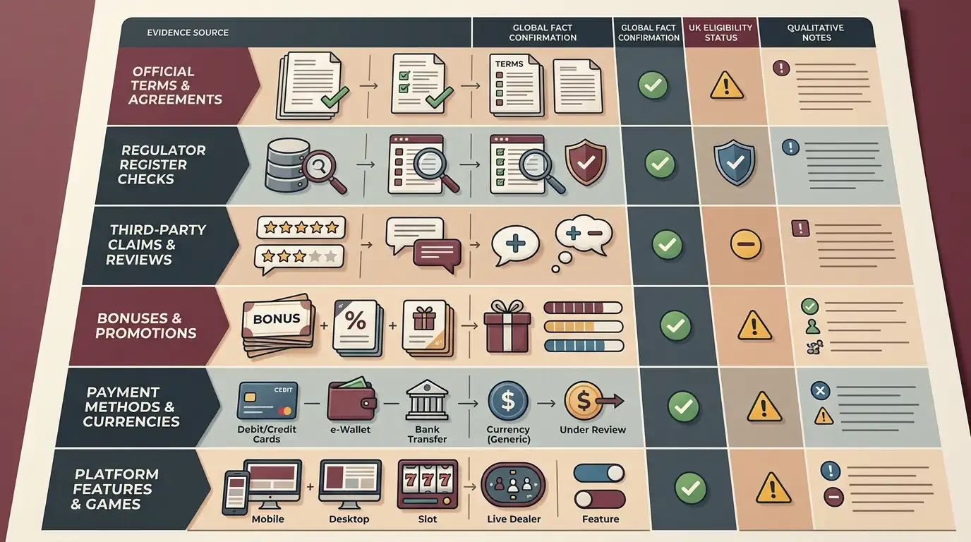 Generated editorial illustration: Availability matrix infographic showing separate evidence rows for official Terms, UKGC register check, third-party claims, bonuses, payments,...
