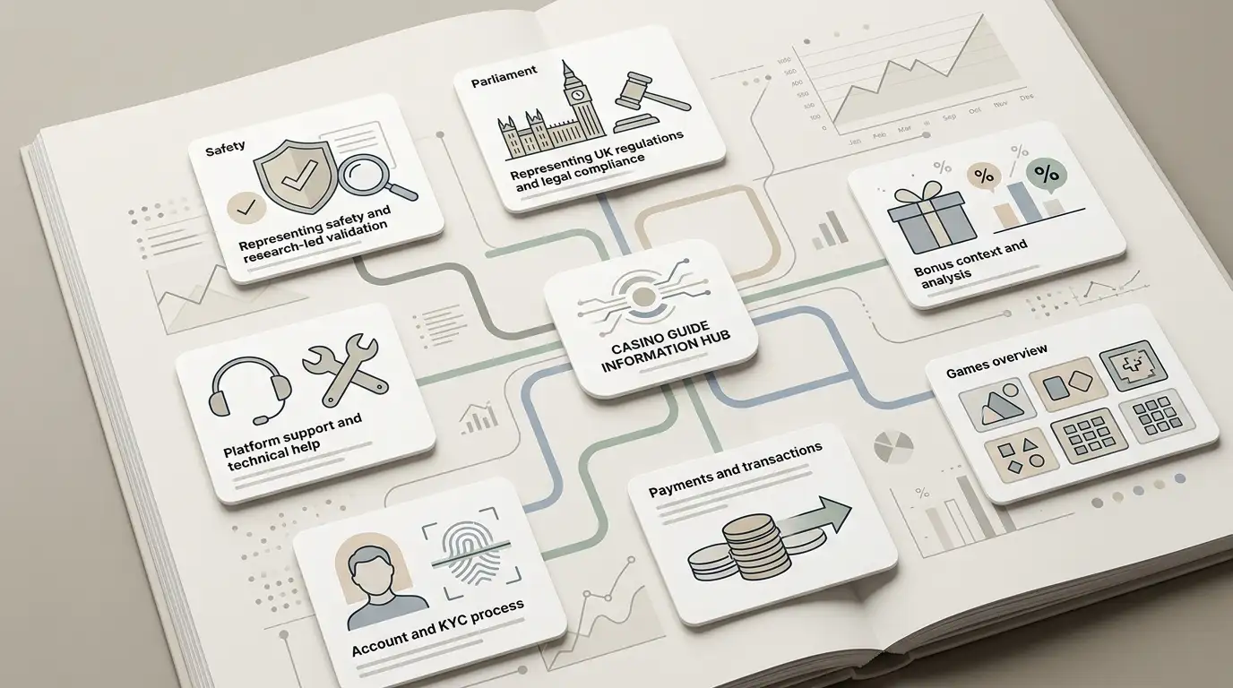 Generated editorial illustration: Evidence-led site map visual linking the hub to safety, UK rules, bonus, games, payments, account/KYC, and platform sections.