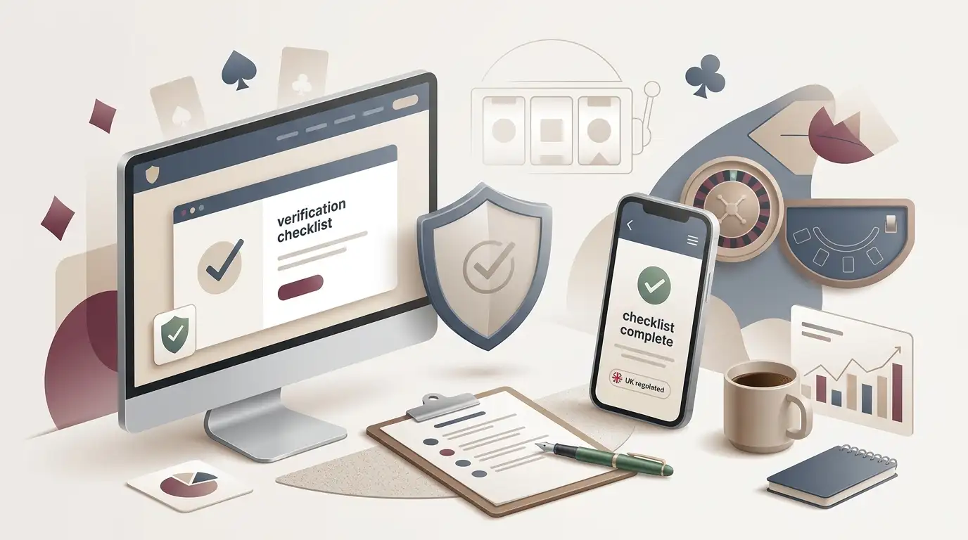 Generated editorial illustration: Neutral review hero illustration for MadCasino UK Guide: abstract online casino interface, evidence checklist, and UK compliance cues, with no...