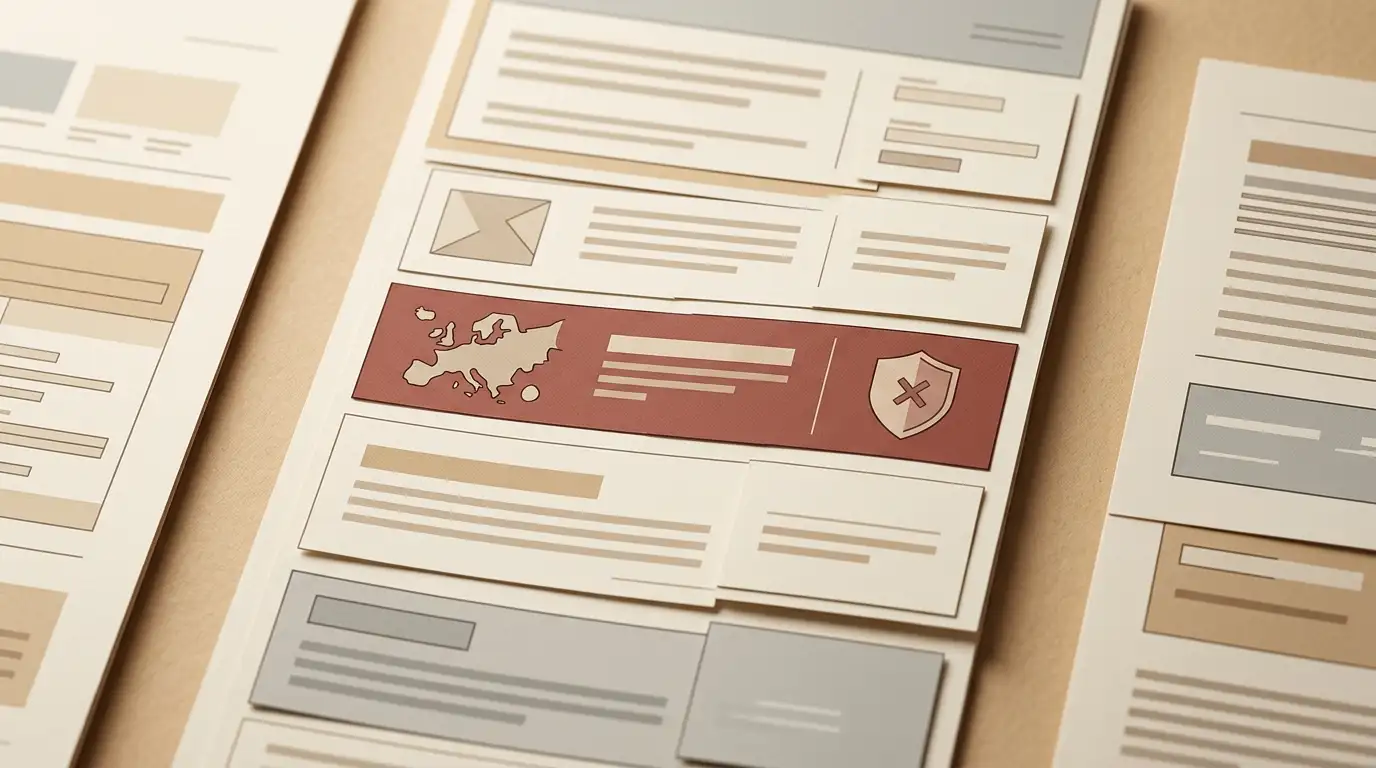 Generated editorial illustration: Terms restriction evidence card showing a general account/use restriction concept and a highlighted United Kingdom row, without reproducing lon...