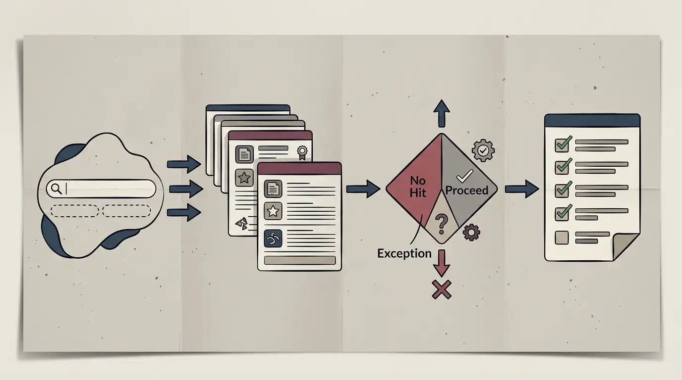 Generated editorial illustration: UKGC licence-check workflow diagram: search brand names, confirm register hit or no-hit, then define allowed public wording.