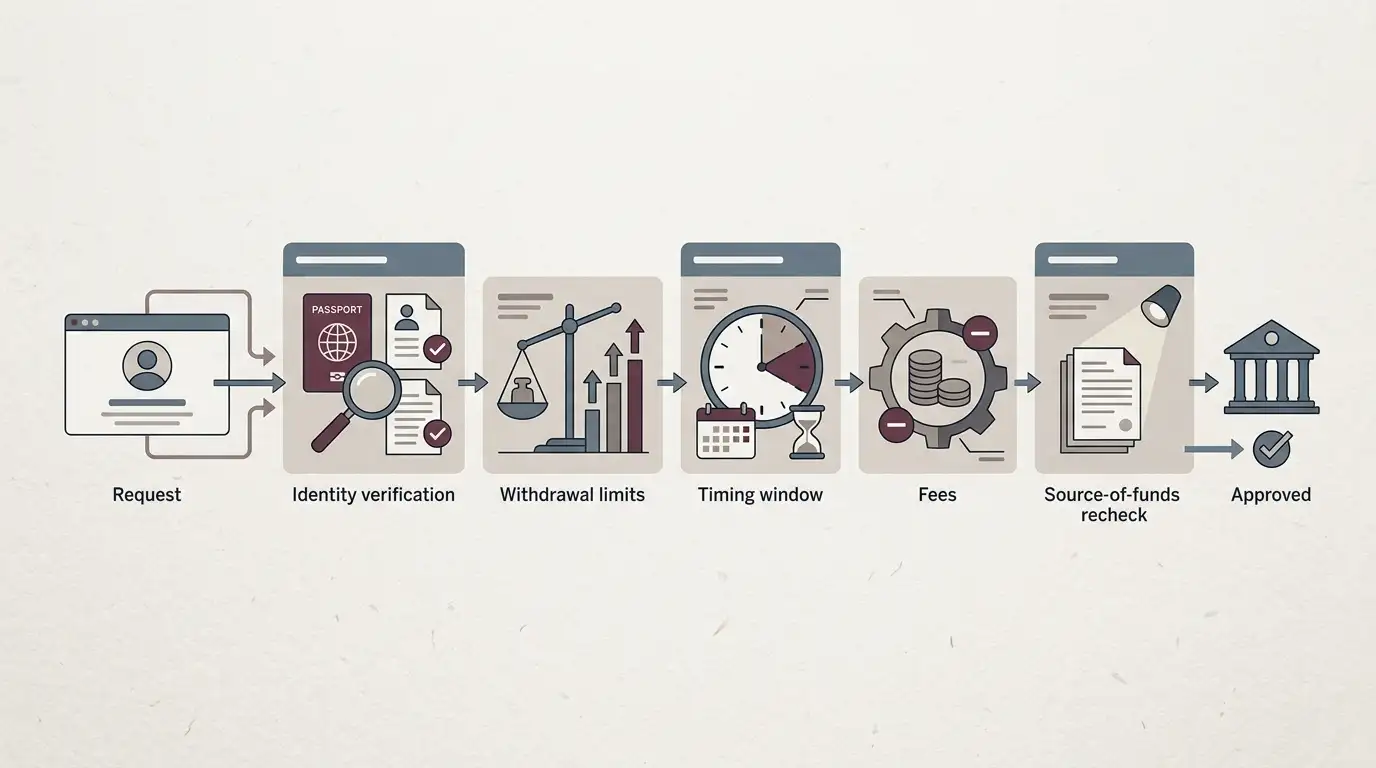 Generated editorial illustration: Withdrawal process diagram showing request, verification, limits, timing, fees, and source-check requirements, with no UK withdrawal instructions.